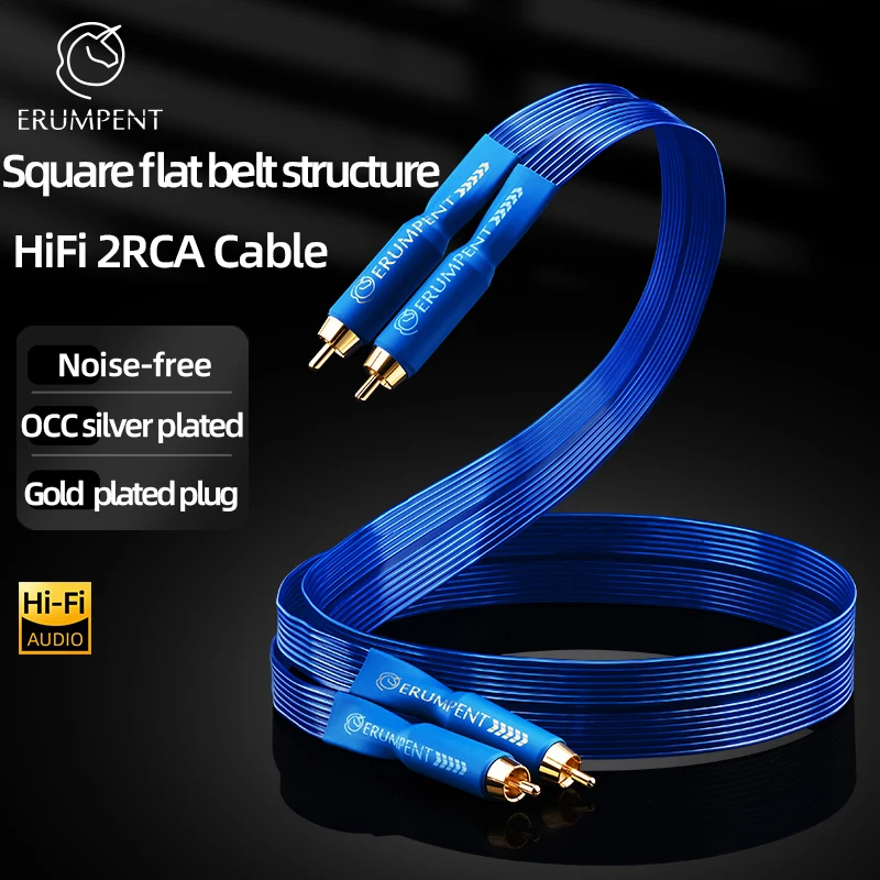 Kabel audio ERUMPENT OCC posrebrzany HiFi 2RCA męski-męski, płaski, kwadratowy, o strukturze taśmy, do wzmacniacza i odtwarzacza CD