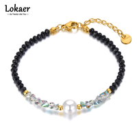 Lokaer Titanium Stainless Steel Black Crystal Strand Bracelet Trendy 18K Gold Plated White Pearl Charm Bracelet For Women B22045