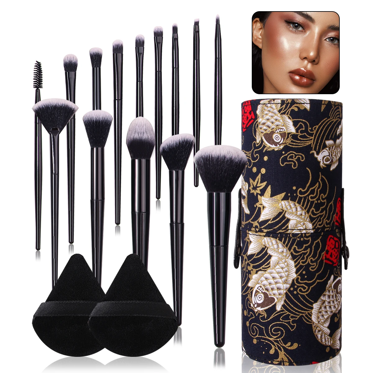 17 قطعة من فرشاة البودرة السائبة، مجموعة فرشاة أحمر الخدود وفرشاة المكياج، نفخة مسحوق مثلثة ناعمة، دلو تخزين ذو سعة كبيرة