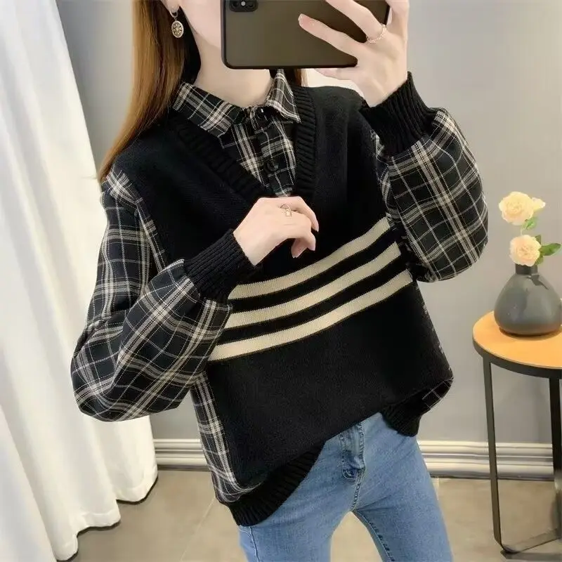 Fake Two Women's Sweaters Checkered Women's Sweater  Striped sweater  stripe shirt Autumn Women's Sweater korean fashion win