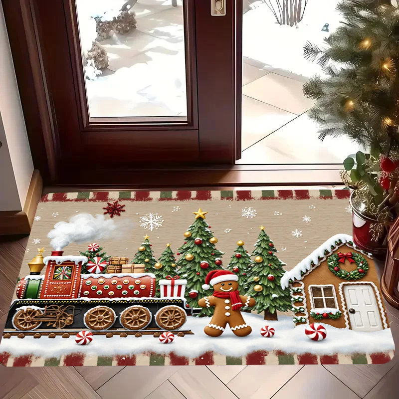 Gingerbread Train House Candy Pine Tree Snow Print Anti Slip Entry Mat Winter Xmas Seasonal Front Door Rug