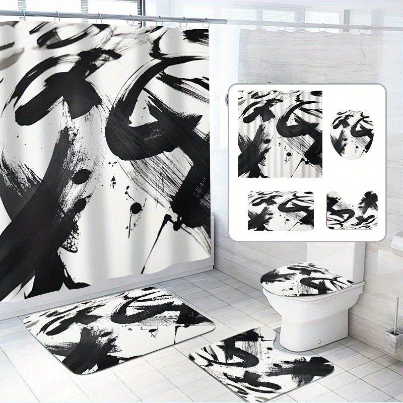 

4pcs, Ink China Style Shower Curtain Set, Chinese Character Art, Simple Style, with 12 Hooks, Polyester Fabric, Bathroom Non-s