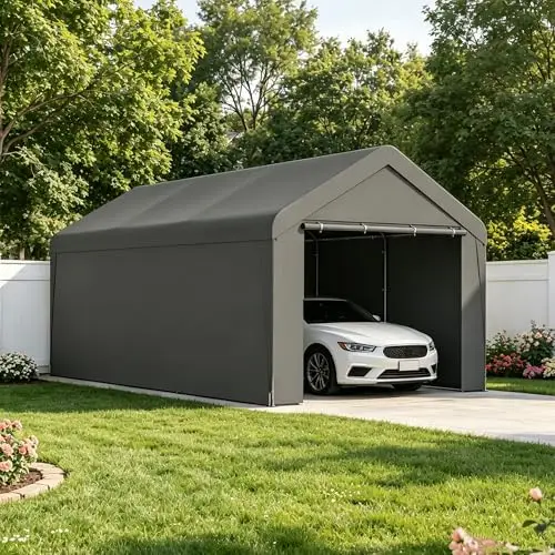 Carport, 10‘ x 20’ Heavy Duty Portable Garage All-Season Car Canopy w/Removable Sidewall & Doors, Carport Canopy Party
