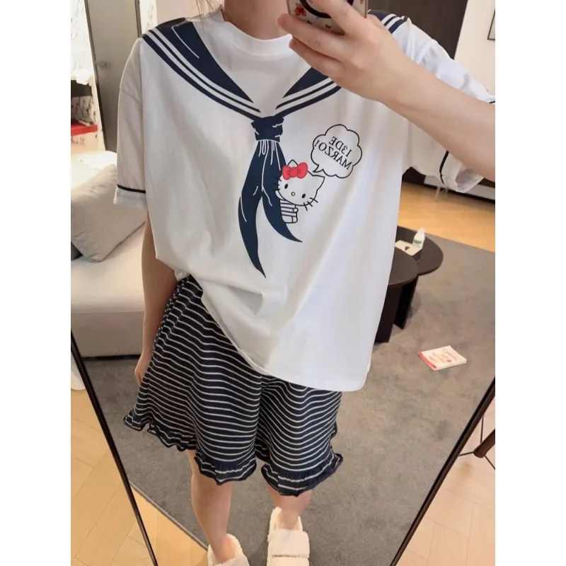 

New Hello Kitty pajamas summer new cotton round neck casual and comfortable Sanrio Hello Kitty women's loungewear