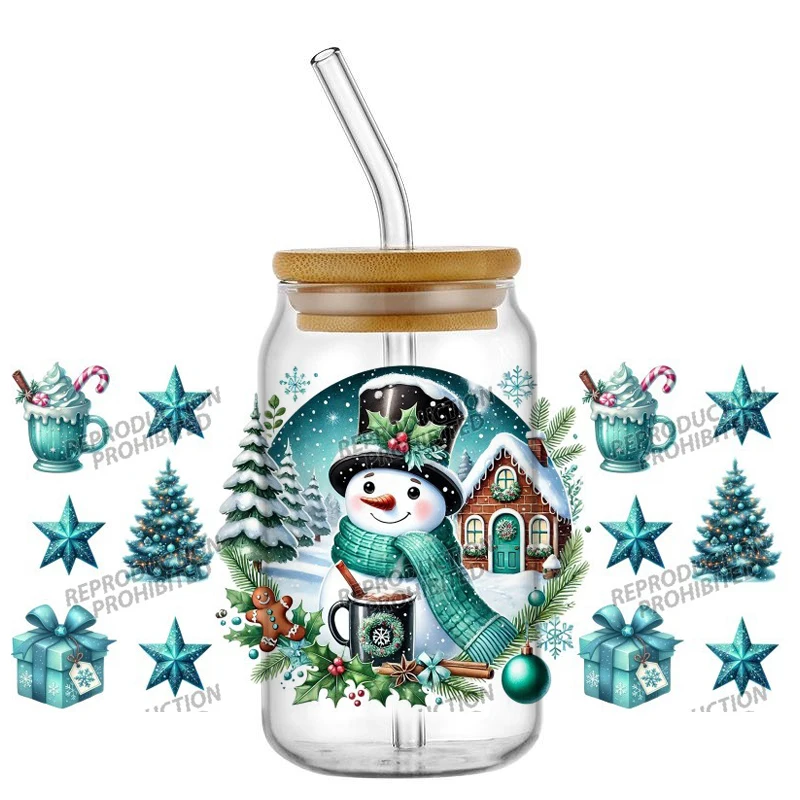 Christmas Snowman Patterns Uv Dtf Cup Wrap Stickers Waterproof UV DTF Cup Wraps Sticker 3D Decal For 16oz Libbey glass