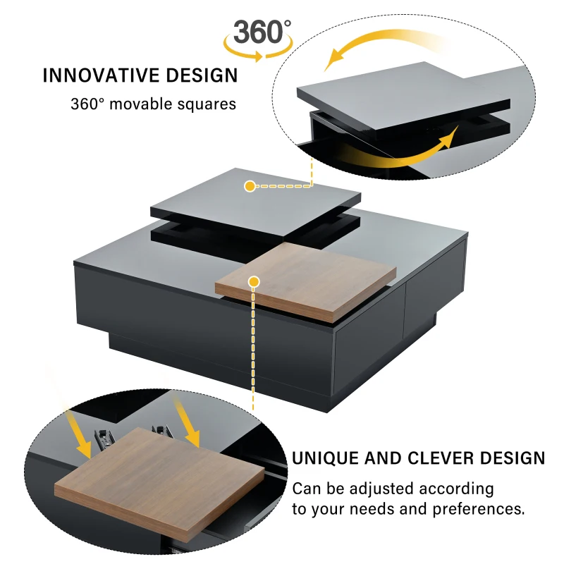 Beweglicher Couch tisch, moderner quadratischer Couch tisch aus Holz mit Hochglanz-Finish, 4 versteckte Schubladen für das Wohnzimmer.