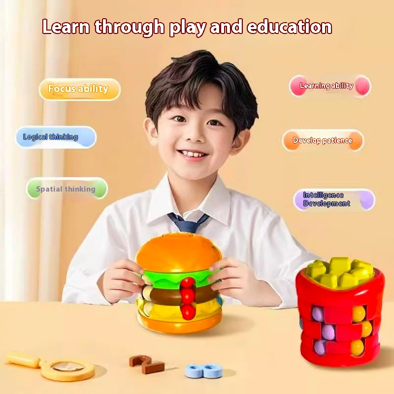 Kids Magic Cube Rotating Bean Hamburger Cube Fingertip Fidget Stress Relief Puzzle Game Toys for Children Adults Christmas Gift