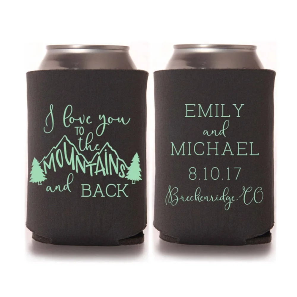 

Fall Wedding Favors for Guests - Personalized Rustic Mountain Wedding Can Coolers, I Love You to the Mountains and Back Destinat