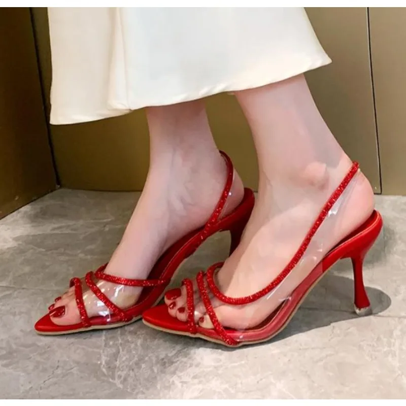 Vrouwen Zomer Strass Slingback Pumps Kantoor Dame Transparante Hakken Sandalen Elegante Puntneus Sexy Hoge Hakken Sandalen