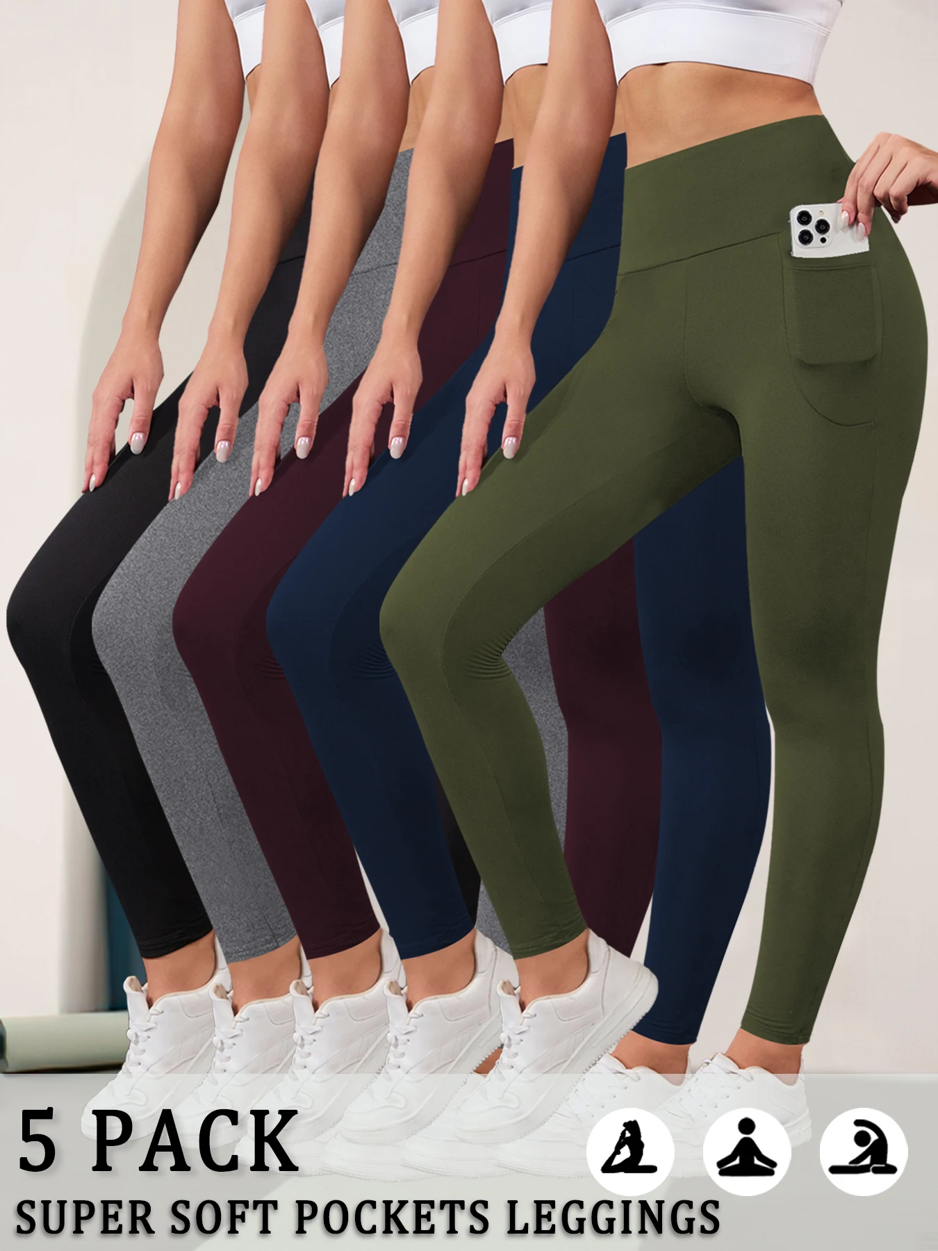 

5 Pack Super Soft Sports Leggings for Women with Pockets High Waisted Tummy Control Workout Yoga Running