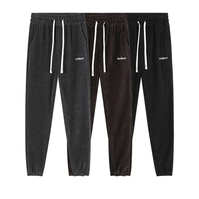 

Брюки с подкладкой из синели, мужские осенне-зимние вельветовые брюки, свободные фланелевые брюки с прямыми штанинами и эластичным поясом