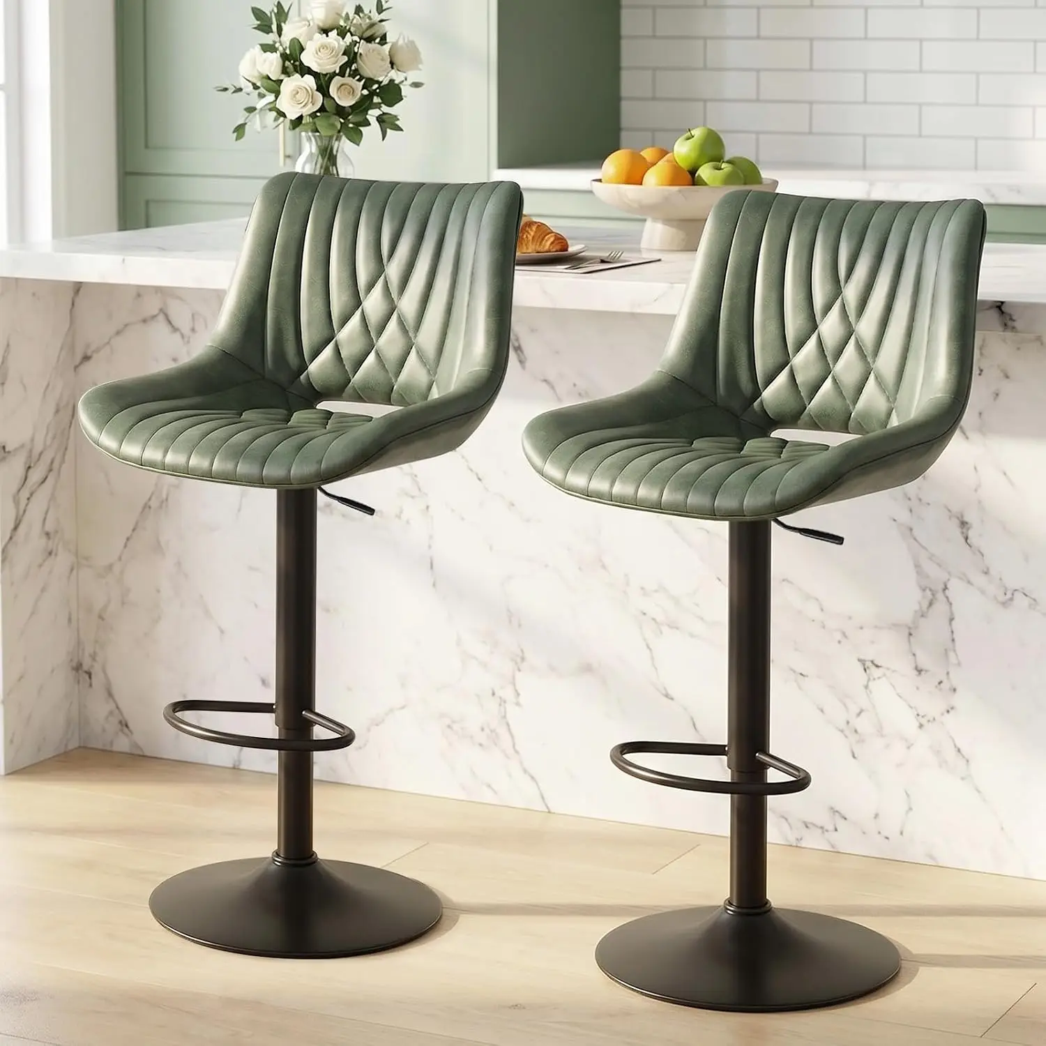 Swivel Bar Stools Set of 2, Height Adjustable Counter Height Stools with Open Back and Footrest, Premium Faux PU Leather, Modern Upholstered Bar Chairs for Kitchen Island, Bar, Counter, Green