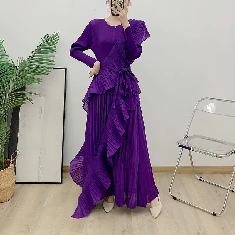 Miyake Pleated Ruffle Edge Long Dress 2024 Autumn New Solid Color Long Sleeve Dress Pleated Women\'s Dresses