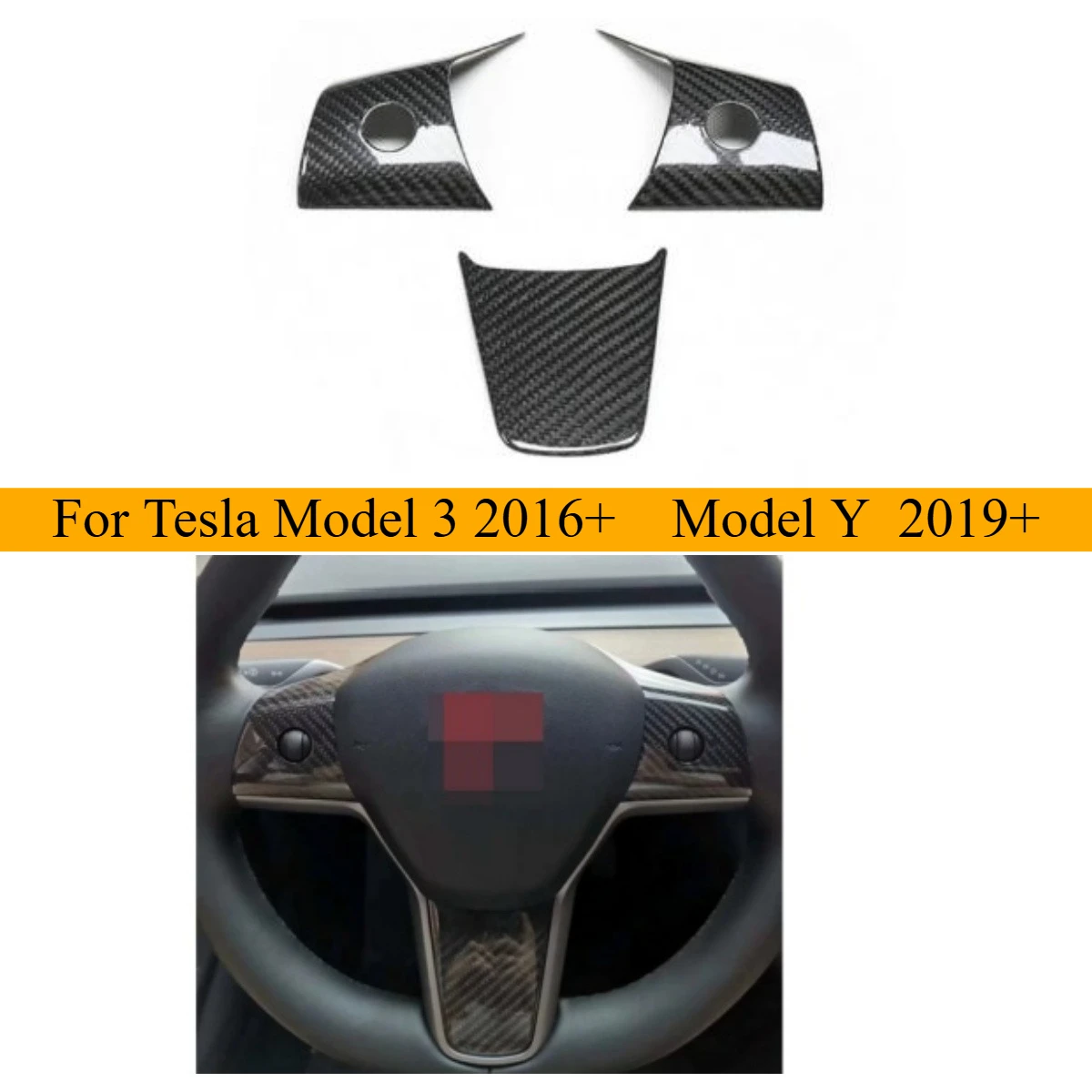 

Carbon fiber steering wheel decorative trim for Tesla Model 3 Model Y dry carbon fiber steering wheel decoration 3 pieces/set