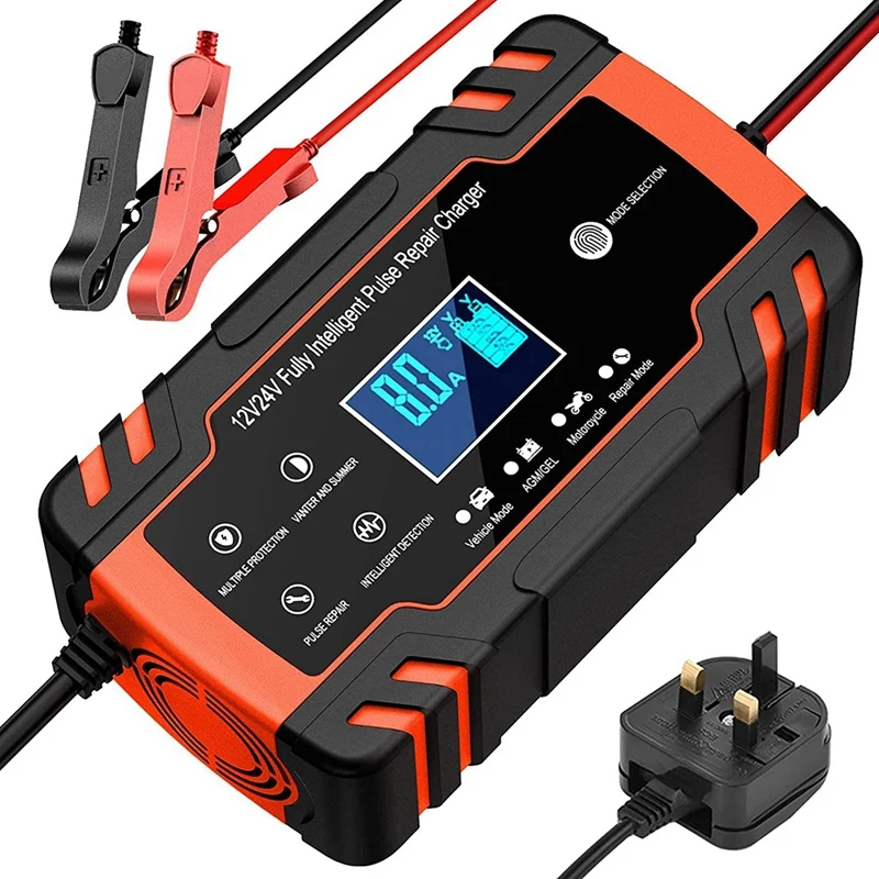 Portable Car Battery Charger,8A 12V/4A 24V Intelligent Pulse Repair Charger For Car, Motorcycle, Lawn Mower-UK Plug