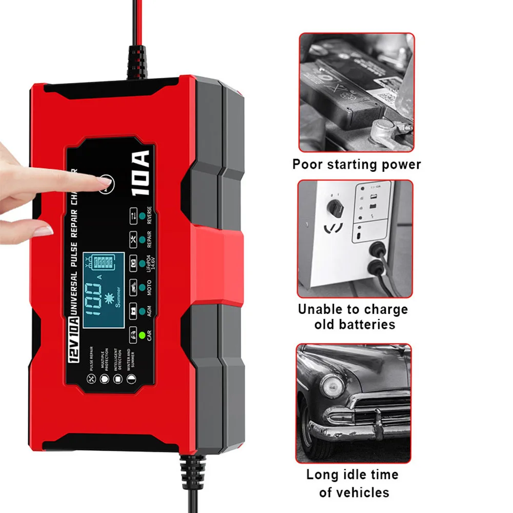 Smart Battery Charging Car Battery Charger 12V 10A Pulse Repair 14.6V 10A Iron Lithium Charger EU/US Plug Digital LCD Display