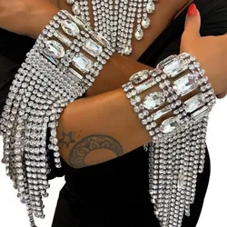 Exaggerated Rhinestone Big Square Oval Stone Long Tassel Hand Chain Bracelet for Women Crystal Geometric Bracelet Bangle Jewelry