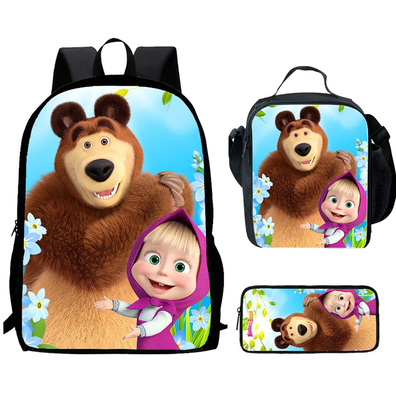 

Cartoon M-masha andthe b-ear Child School Backpack With Lunch Bag Pencil Bag For Age 4-9,Light Weight School Bags For Boys Girls