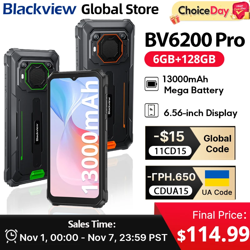 

Blackview BV6200 Pro Android 13 6.56'' Rugged Celular IP69 Waterproof Helio P35, 128GB, 13000mAh With 18W Fast Charg NFC