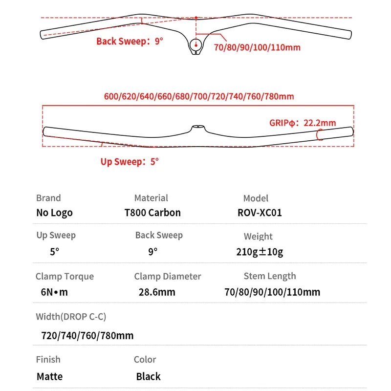 Nessun Logo o OEM RXXXL MTB-manubrio a 10 gradi e stelo manubrio integrato in carbonio Cockpit 260g montaggio Width780mm raccordi per bici