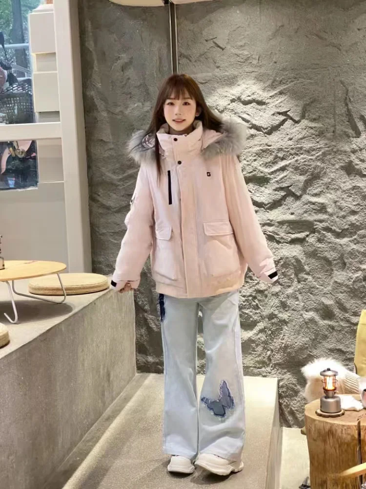 

Pink Fur Collar down Jaet Women's Winter Coat Bread Sle Cotton Outerwear Korean Loose Fit Long Sve Zipper Closure