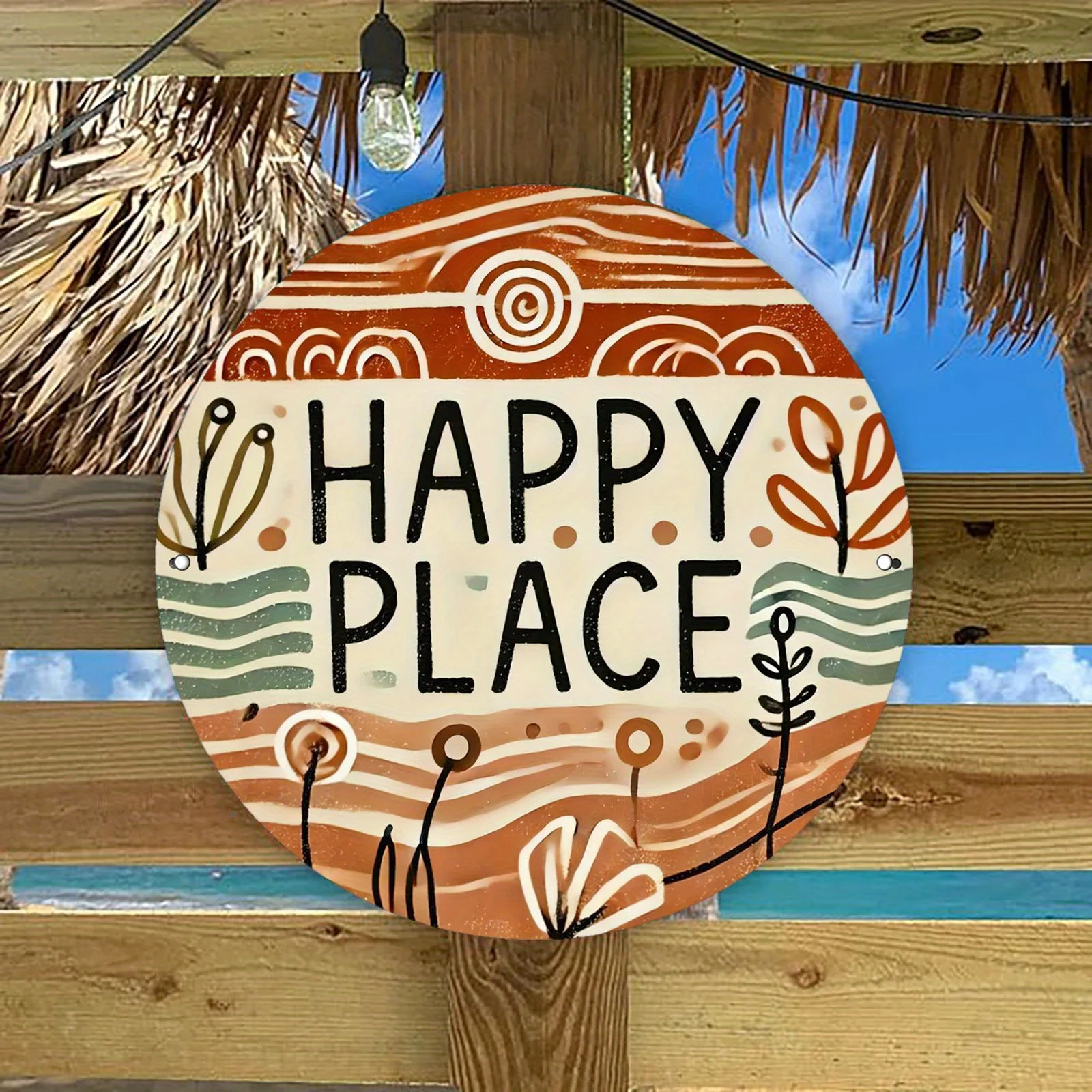 2D Flat – Vintage-inspiriertes rundes Metallschild „Happy Place“ – 19,99 cm große Aluminium-Wandkunst mit buntem abstraktem Design, perfekt für