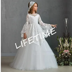 Elegant Long Flore Sleeve Wedding Party Formal Occasion Lace Flower Girl Dress