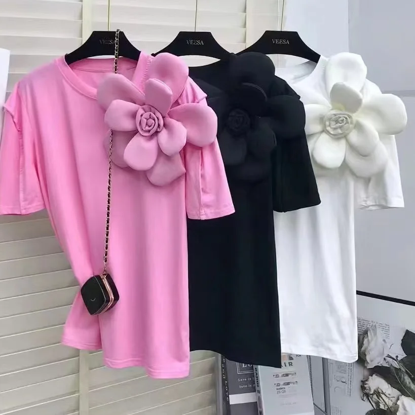 Summer New 2024 Summer Cotton T-shirt Temperament O Neck Short Sleeve Patchwork 3D Flower Tops Tees T Shirt