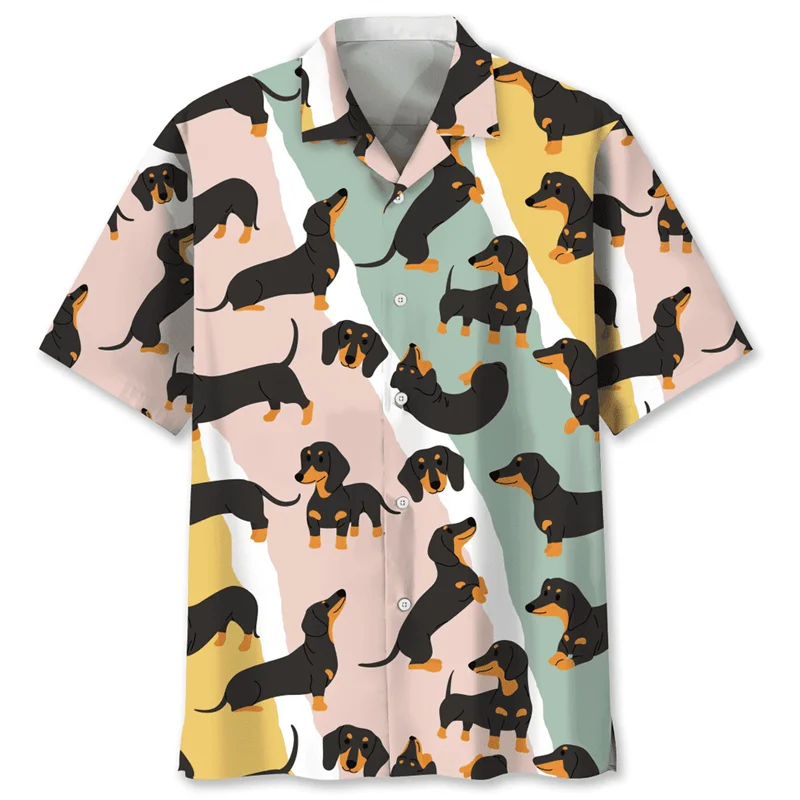 Cartoon Dachshund Dog 3d Printed Shirt For Men Animal Pets Graphics Short Sleeves Hawaiian Shirts Tops Loose Lapel Blouse