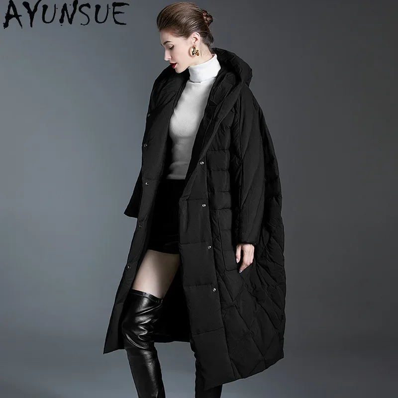 AYUNSUE White Duck Down Puffer Jacket Women Clothing Black Plus Size Down Coats with Hood Woman Winter Long Coat Пуховики 2024