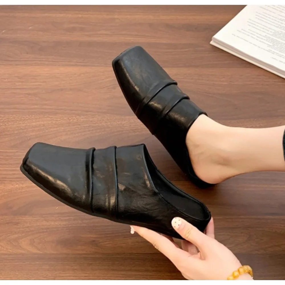 

Women Mules Cover Toe Sandals New Black Leather Shoes for Women Fashion Modern Slippers Slides Women Peep Toe Low Heel Shoes