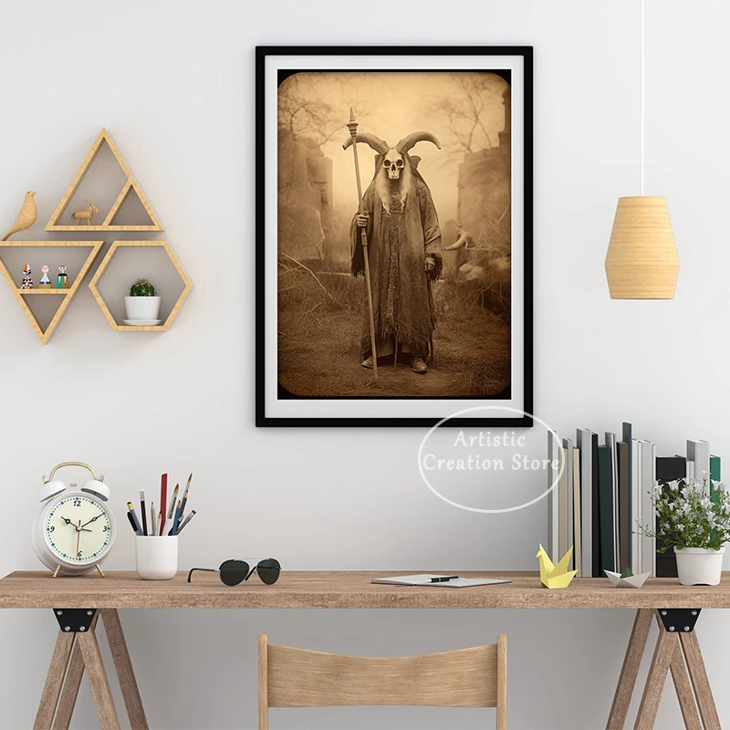 Antique Dark Druid Goat Skull Poster Vintage Victorian Canvas Painting Prints Wall Pictures Room Decor Mysterious Scene Gifts