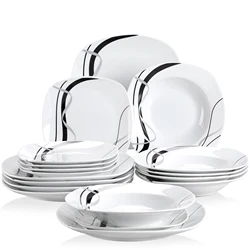 VEWEET FIONA 18/36-Piece Porcelain Ceramic Black Line Kitchen Tableware Dishes Plate Set with Dinner Plate,Dessert,Soup Plate