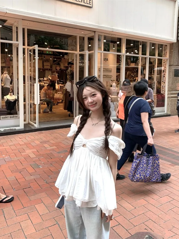 

Sweet Style White Bowknot Pleated Hollow out Shirt Women's Summer Fashion Anti Aging New Style Breathable Short Sleeve Top