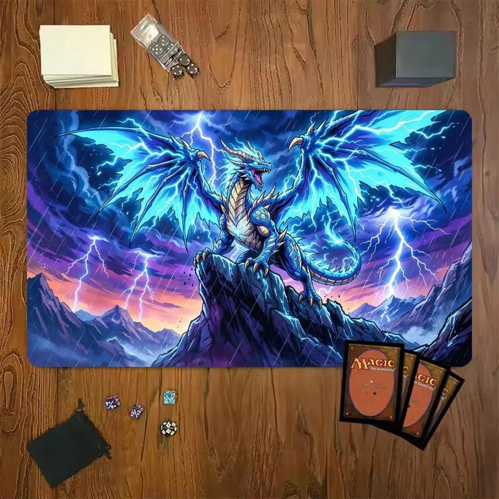 Blue Lightning Giant Dragon Magic Battle Game Mat Durable Rubber for MTG&TCG Games 35x60 Large Mouse Pad Office Desk Mats