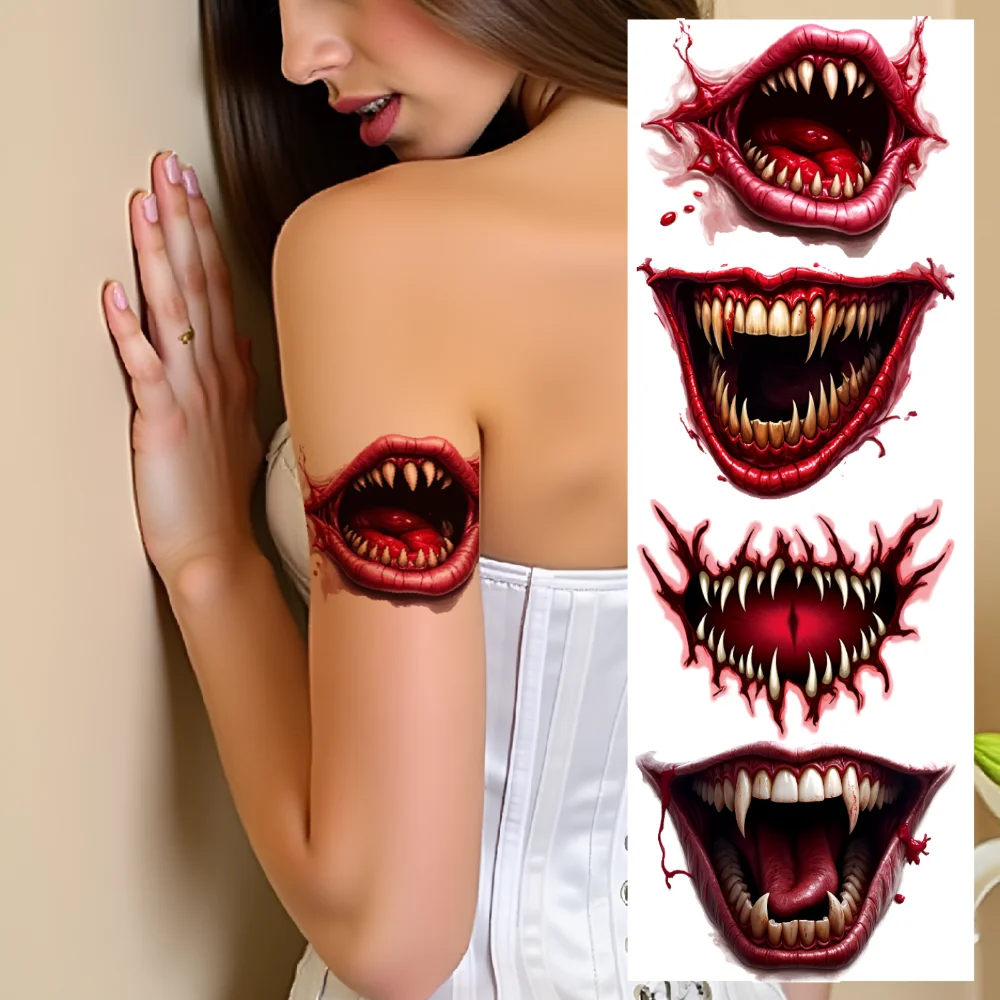 12pcs Temporary Tattoo Horror Tattoos Waterproof Long-lasting Body Stickers Eye Tattoo Mouth Tattoos Halloween Teeth Tattoos For