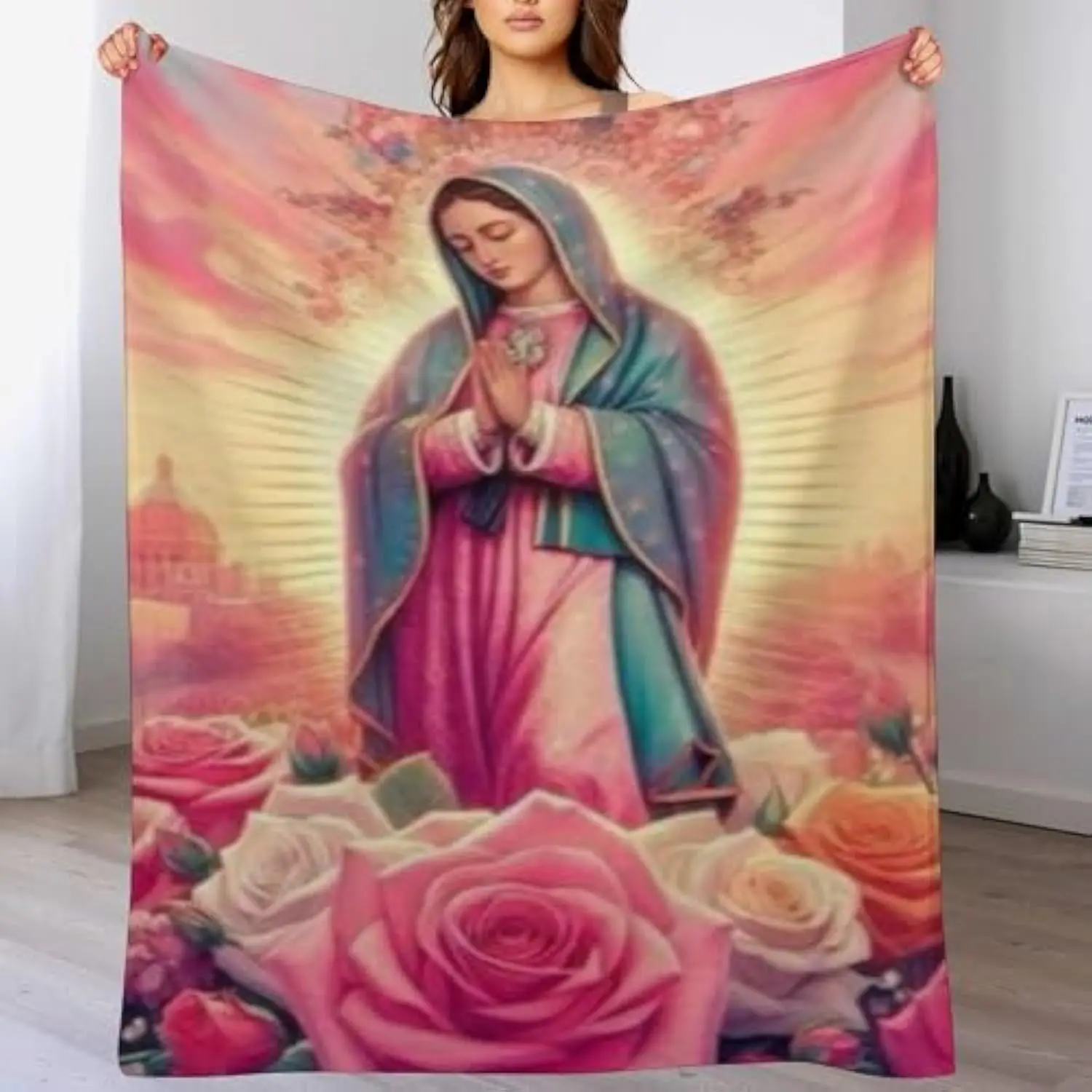 

Virgen De Guadalupe Rose Print Throw Blanket Soft Microfiber Cozy Fleece for Couch Bed Home Decor