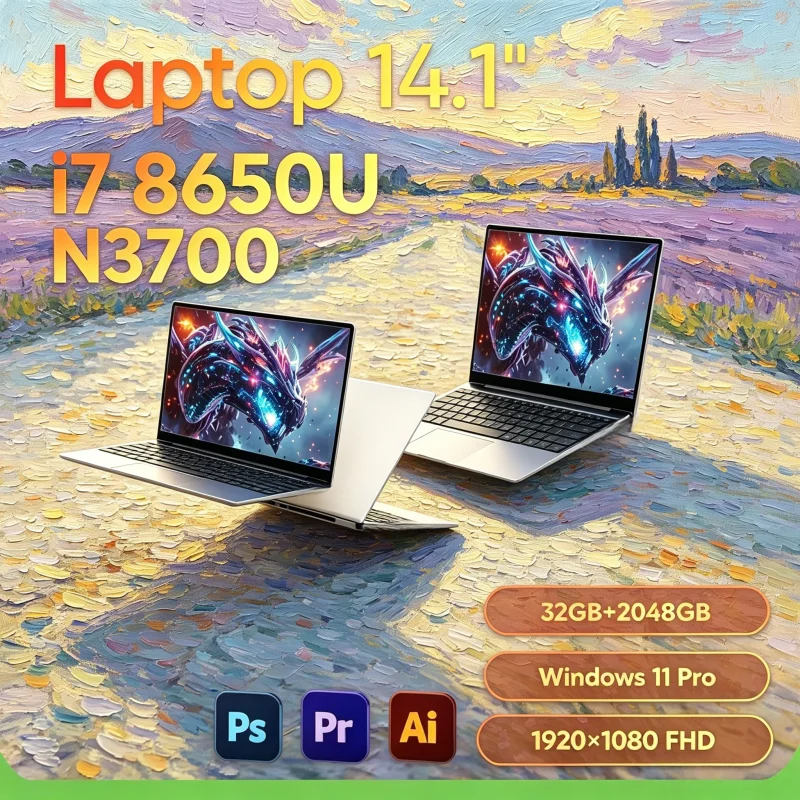 Novo Notebook Portátil Elegante e Fino de 1.1 Polegadas, 16GB/32GB RAM, 2TB SSD, Laptop Durável para Escritório, PC I7-8650U Intel N3700