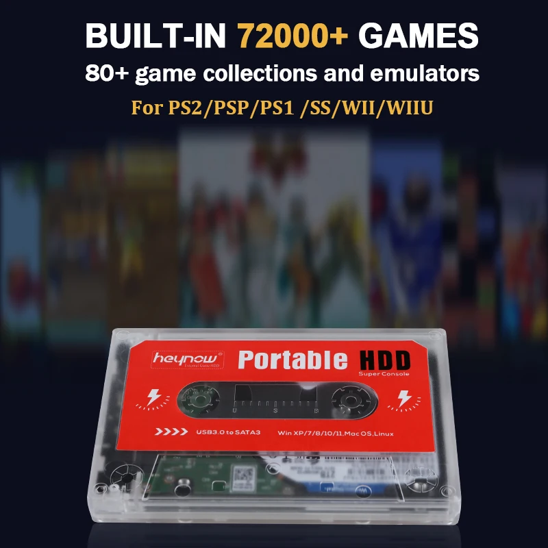 HEYNOW External 2TB HDD Game Hard Drive Disk For PC Laptop Windows Mac OS 72000+ Game Console For PS2 PS1 WII N64 WIIU SS NDS MD