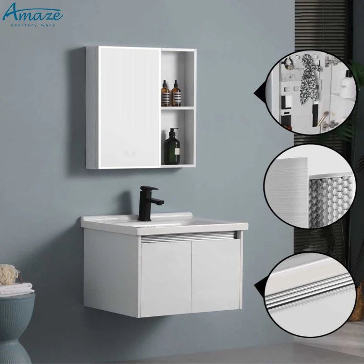 

Bathroom Aluminum-plastic Honeycomb Panel New Design White Wall-mounted Vanity With Mirror Bathroom Cabinet Sink