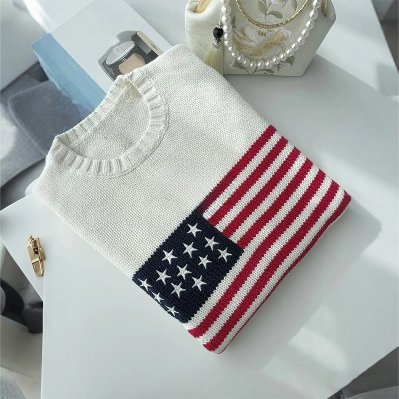 Mode Hoge kwaliteit Amerikaanse vlag Borduren Lange mouw Casual losse gebreide trui Y2K Mannen Vrouwen Veelzijdige Trendy Streetwear