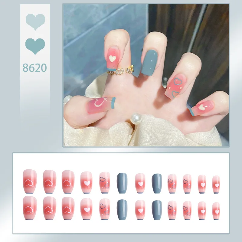 Unhas postiças de chama rosa, Imprensa destacável na cabeça quadrada, Ballet curto Wearable, cobertura completa, unhas acabadas encantadoras, 24pcs por caixa