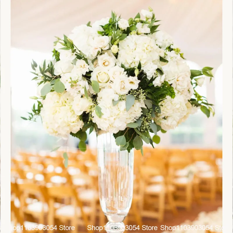 Weiße Hochzeitstischdekoration, künstliche Blumenarrangements, Hortensien, Rosen, Delphinien, Blumen für Hochzeitsfeier, Partydekoration – Detail 6