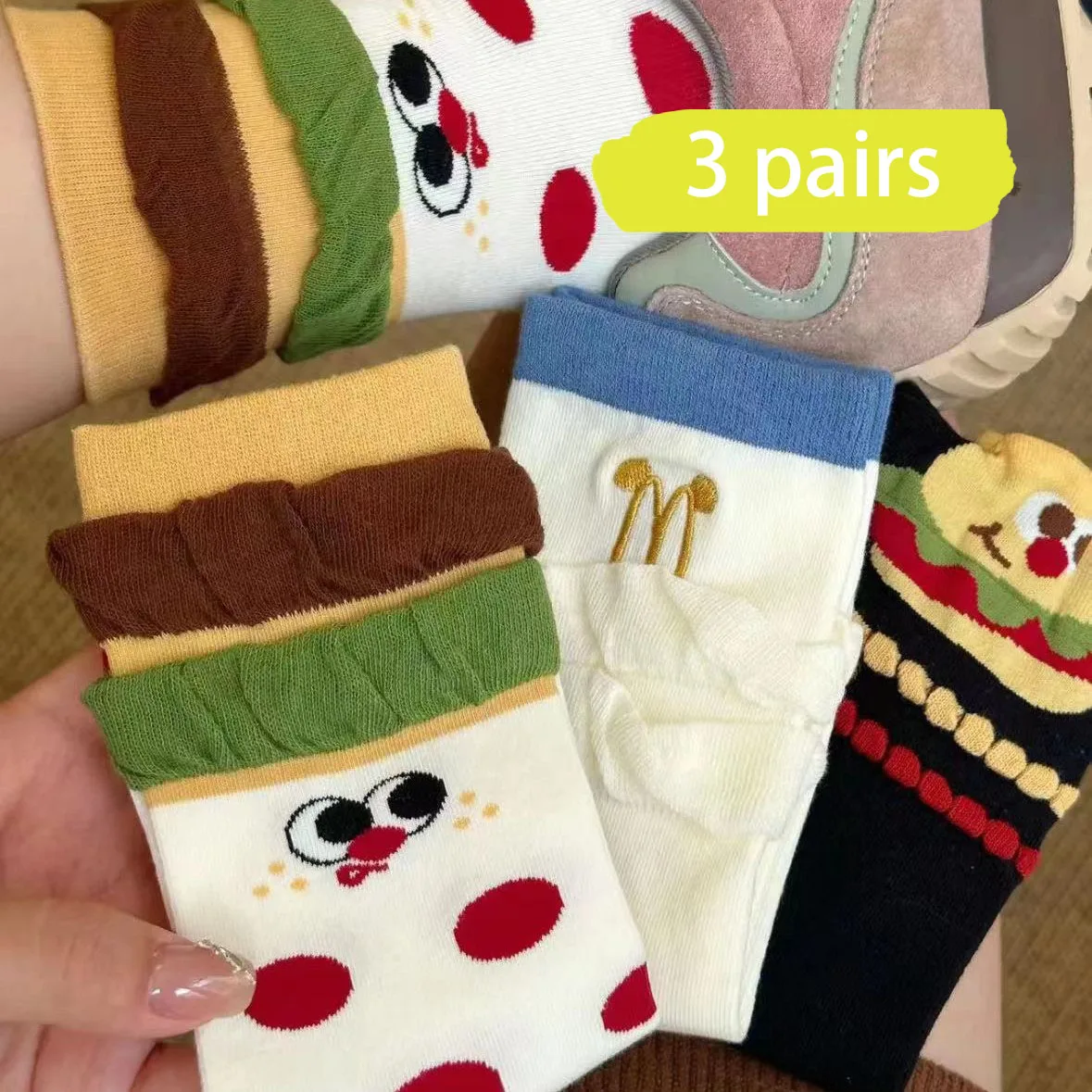 3 Pairs 1 Lot Cartoon Socks Women's Wave Girl Three-dimensional Pleated Spring Autumn Cute Kawaii Preppy Ugly Middle Tube Socks