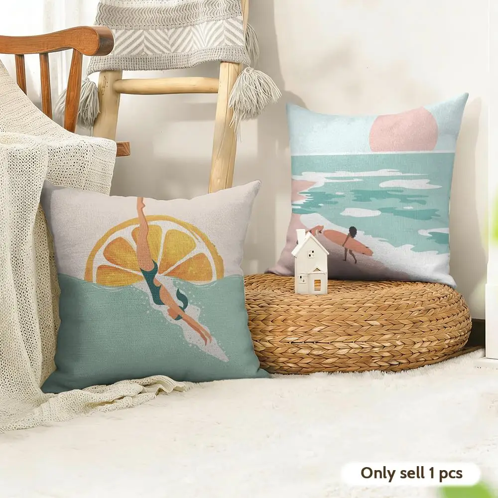 Summer Surfing Ins Art Cushion Cover Natural Linen Organic Fabric Double-Sided Printing Room Sofa Decor Pillow Case
