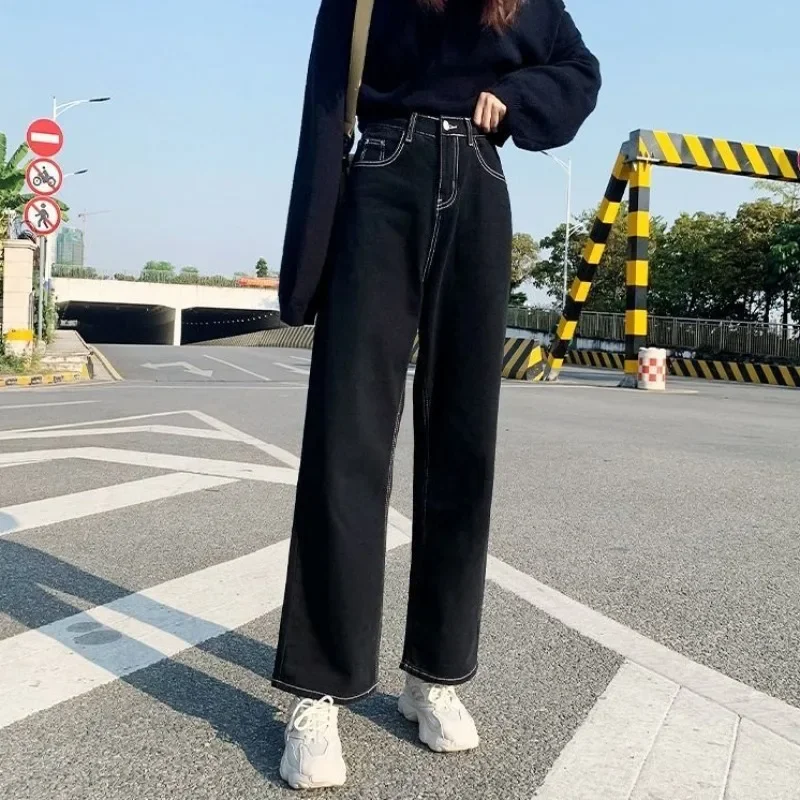 Black Jeans Women Streetwear Korean Style Straight Denim Bright Line Decoration High Waist Fashion Full Length Vintage Autumn