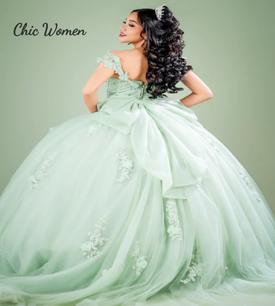 Elegant Sage Green Quinceanera Dresses 2 In 1 Off Shoulder Lace Vestidos 15 Años Quinceañera With 3D Flowers Birthday Dress