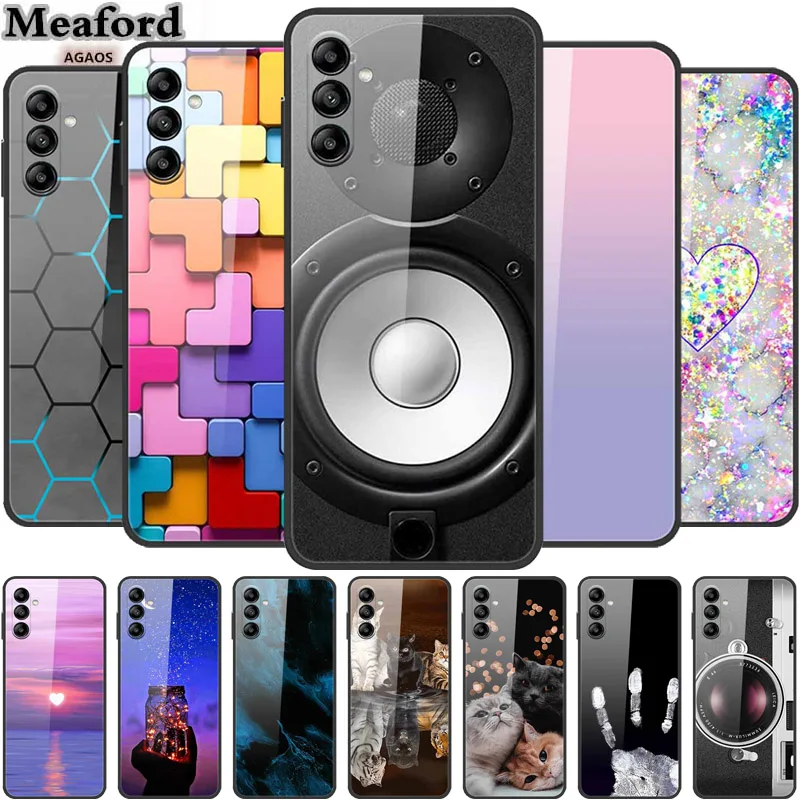 

For Samsung A14 A34 A54 5G Tempered Glass Case Luxury Back Cover Hard Cases for Samsung Galaxy A54 A34 A14 Protector Lovely Capa