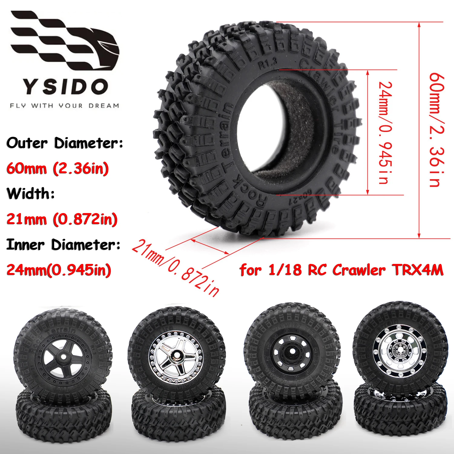 

1/18 RC Crawler TRX4M Parts 4PCS 1.3inch Beadlock Wheel Rubber Tyres 60*21mm Front Rear Tires 7mm HEX for RC Car Upgrade Parts