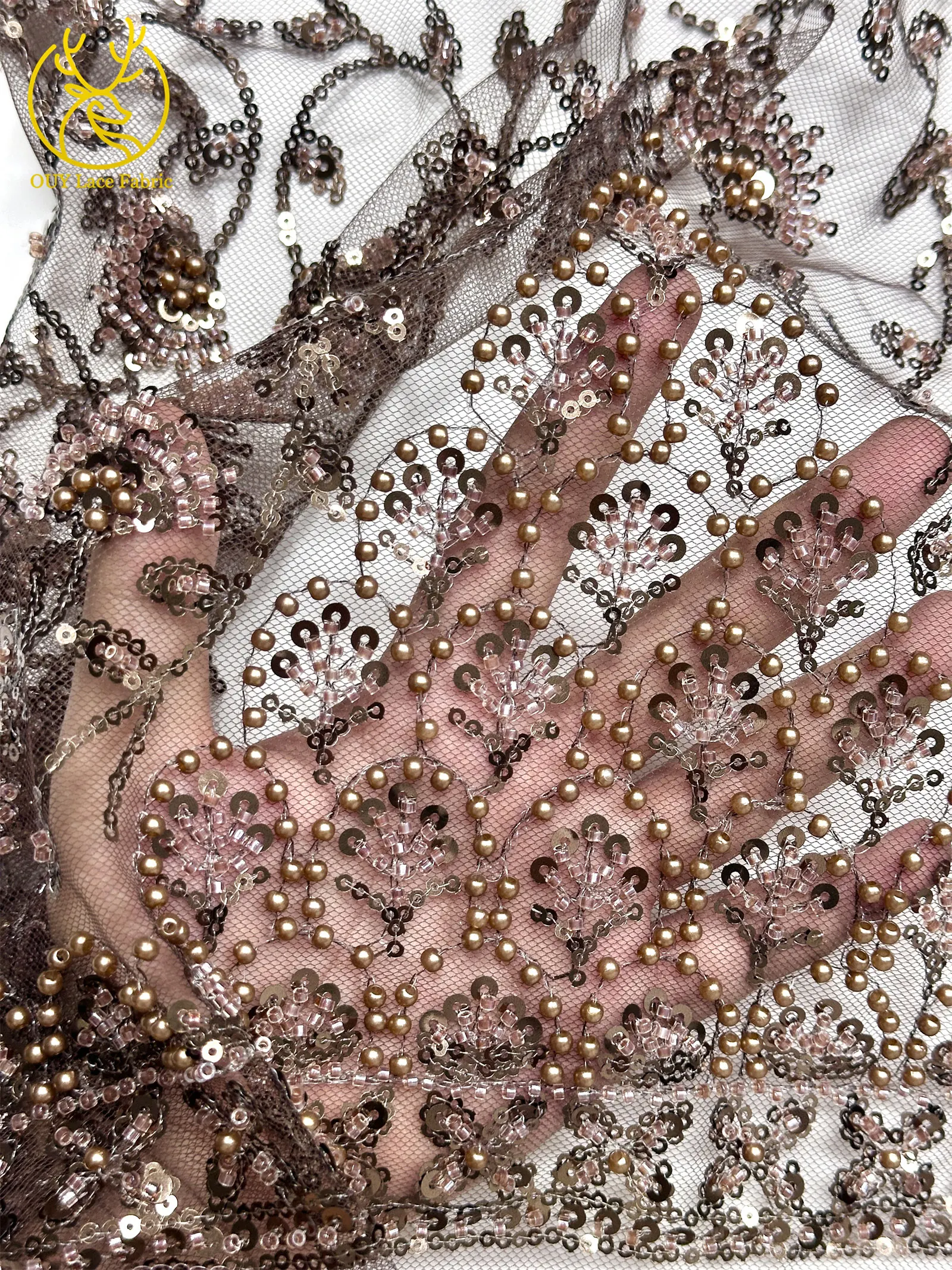 Afrikanischer Perlenstickerei-Spitzenstoff 2026 Hochwertiger Nigerianischer Pailletten-Spitzenstoff Französischer Braut-Hochzeits-Abendkleid-Nähstoff 5Y – Detail 7
